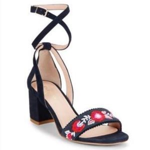 NWOT Kate Spade Watson Block Heel Navy Blue Suede Strap Sandal Pink Embroidered